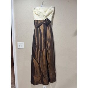 B2 by Jasmine Strapless Formal Gown Bronze Cream Floral Accent Dress Size 4